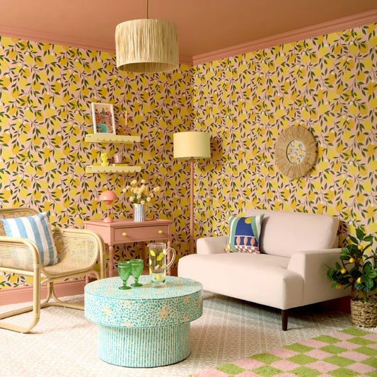 LH900544 - Freshly Squeezed Wallpaper - Lemon Yellow on Tuscan Orange - Lust Home