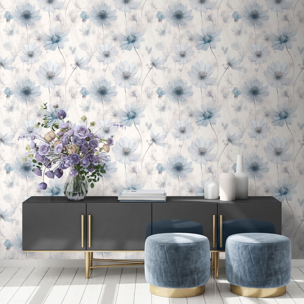 Lissa Flowers Wallpaper - Blue - Muriva