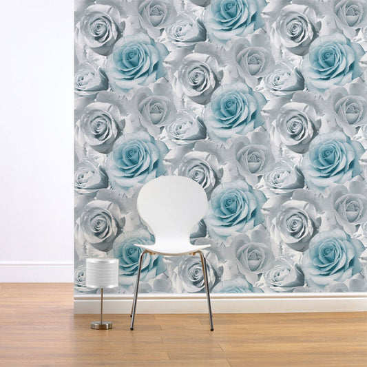 Madison Rose Floral Wallpaper - Blue - Muriva