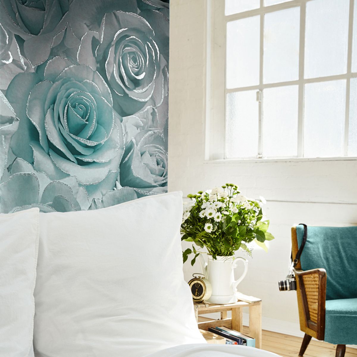 Madison Rose Glitter Floral Wallpaper - Aqua & Grey - Muriva