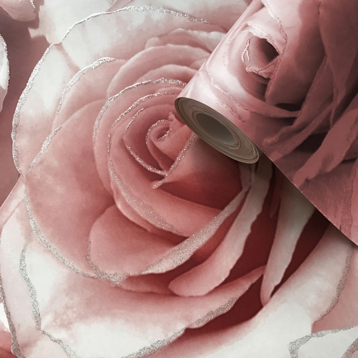 Madison Rose Glitter Floral Wallpaper - Raspberry & Blush Pink - Muriva
