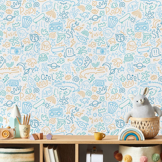My Kingdom Doodle Wallpaper - Blue & Yellow - Muriva