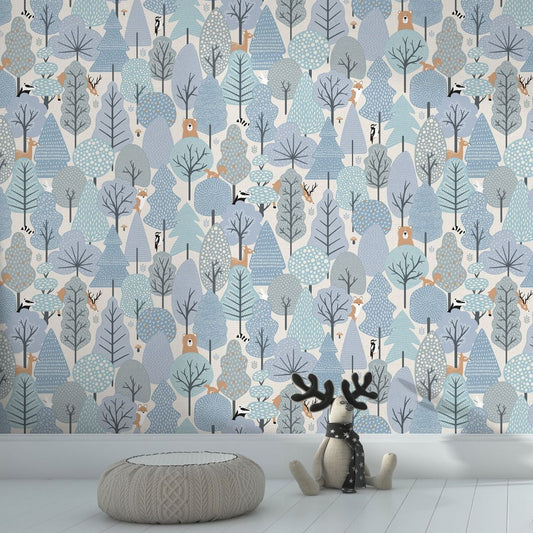 My Kingdom Wild Wood Wallpaper - Blue & Cream - Muriva