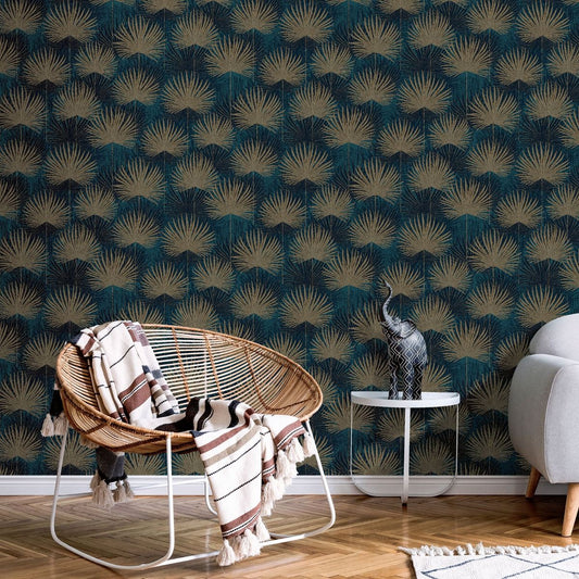 Odyssee Calypso Wallpaper - Gold & Teal - Muriva