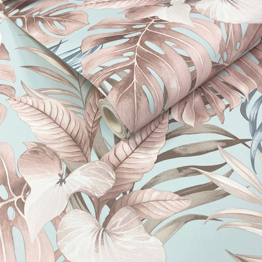 Teeva Jungle Leaves Wallpaper - Duck Egg - Muriva