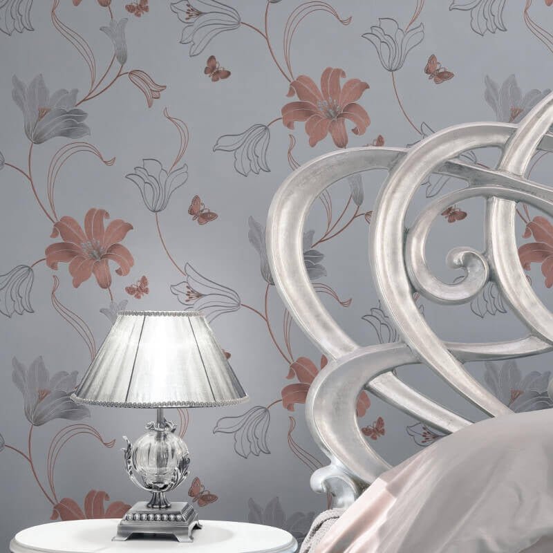 Amelia Floral Metallic Wallpaper - Stone/Rose - Muriva - 701410Wallpaper199