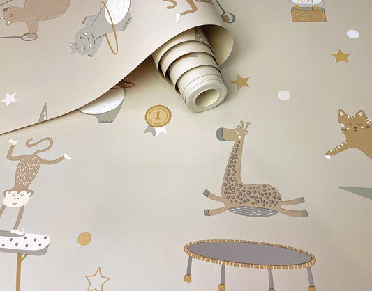 Animal Gymnastics Wallpaper - Beige - Holden Décor - 13240Wallpaper199