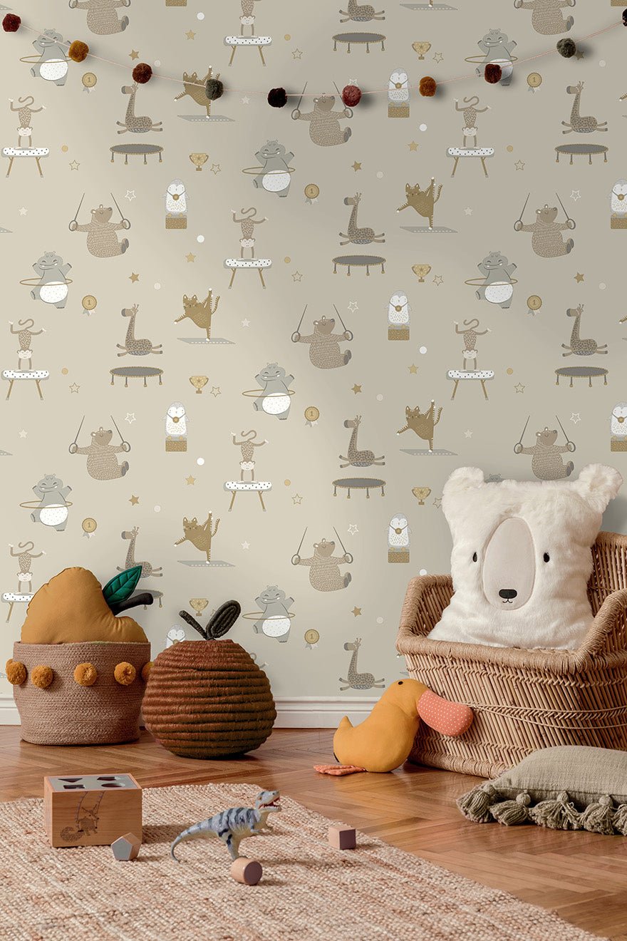 Animal Gymnastics Wallpaper - Beige - Holden Décor - 13240Wallpaper199