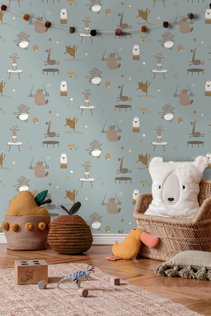 Animal Gymnastics Wallpaper - Blue - Holden Décor - 13242Wallpaper199
