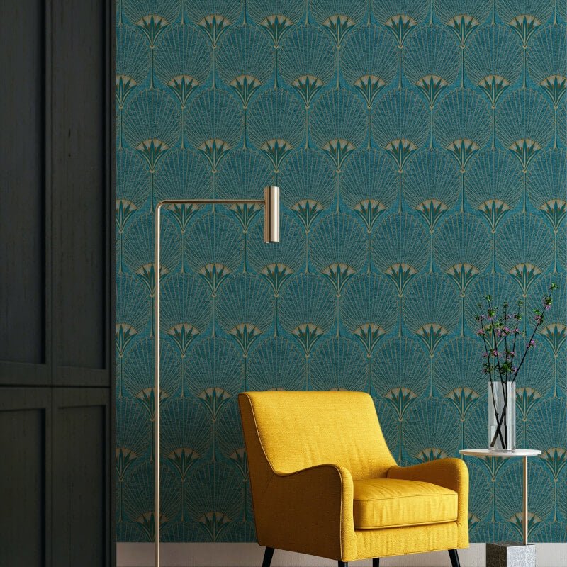 Asperia Nile Palm Fan Wallpaper - Teal/Gold - Grandeco - A54902Wallpaper199