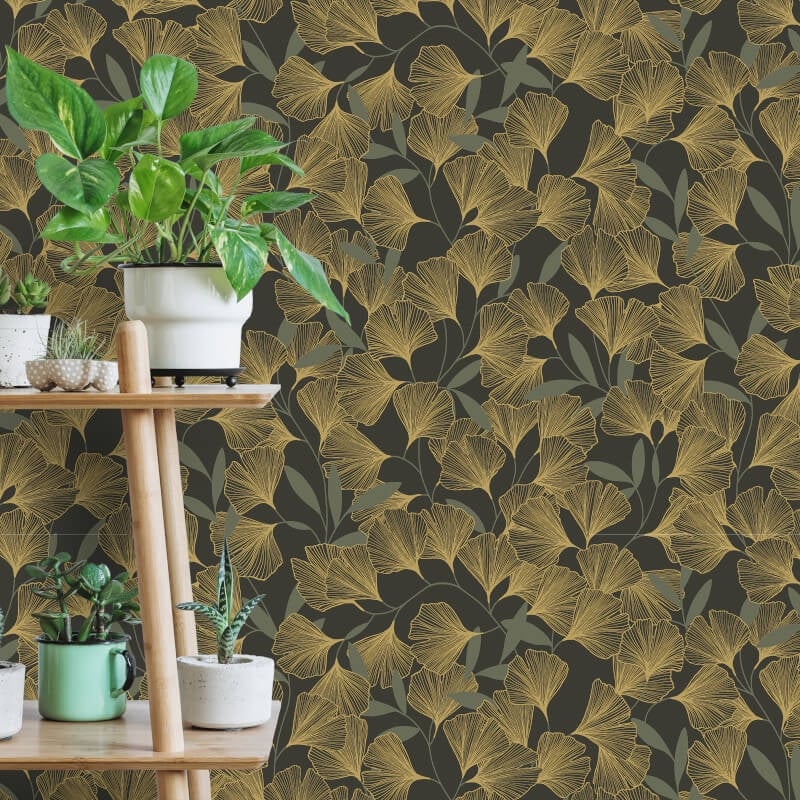 Attitude Ginko Leafy Floral Metallic Wallpaper - Black/Gold - Grandeco - A64402Wallpaper199