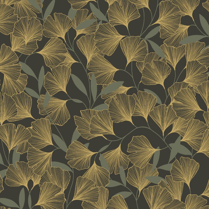 Attitude Ginko Leafy Floral Metallic Wallpaper - Black/Gold - Grandeco - A64402Wallpaper199