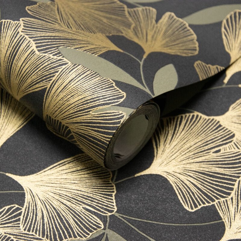 Attitude Ginko Leafy Floral Metallic Wallpaper - Black/Gold - Grandeco - A64402Wallpaper199