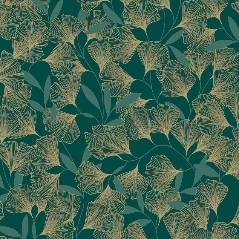 Attitude Ginko Leafy Floral Metallic Wallpaper - Green/Gold - Grandeco - A64403Wallpaper199