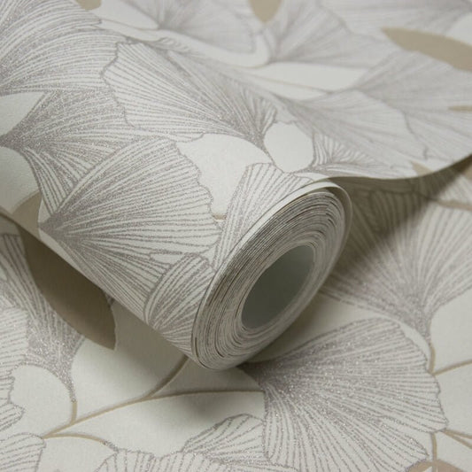 Attitude Ginko Leafy Floral Metallic Wallpaper - White/Gold - Grandeco - A64401Wallpaper199