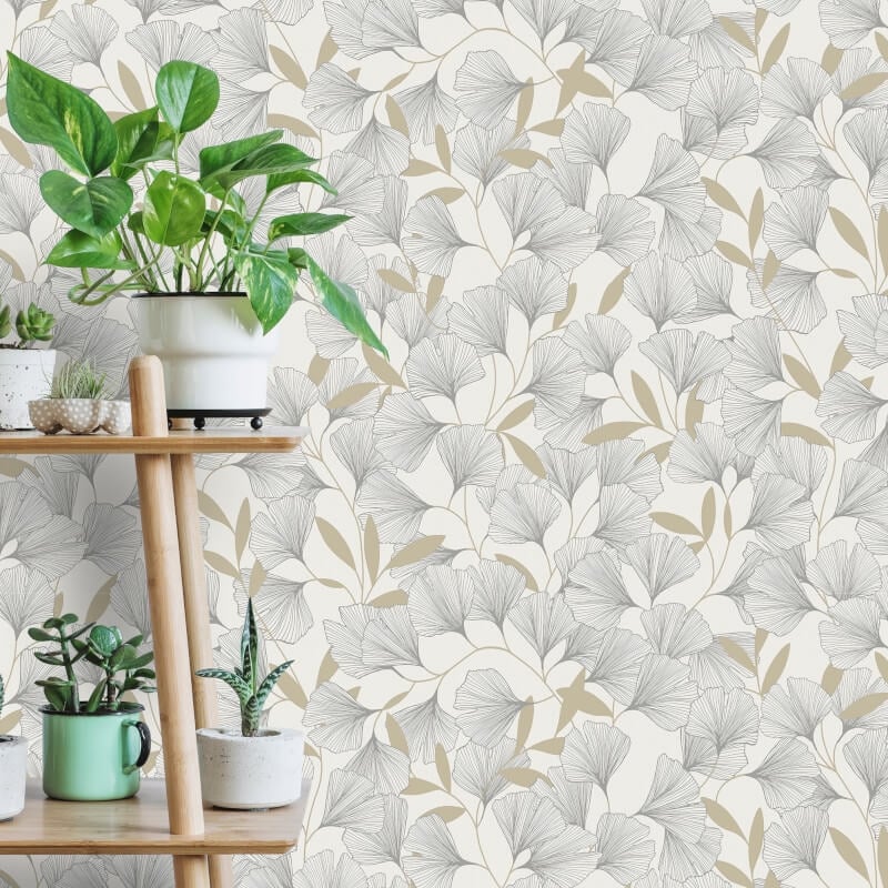 Attitude Ginko Leafy Floral Metallic Wallpaper - White/Gold - Grandeco - A64401Wallpaper199
