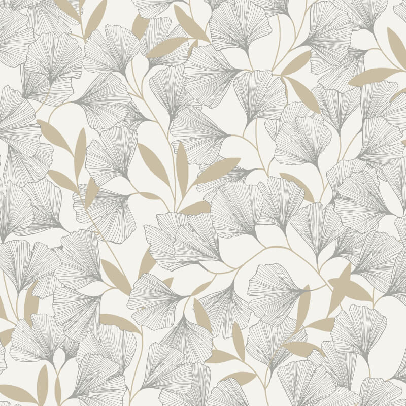 Attitude Ginko Leafy Floral Metallic Wallpaper - White/Gold - Grandeco - A64401Wallpaper199