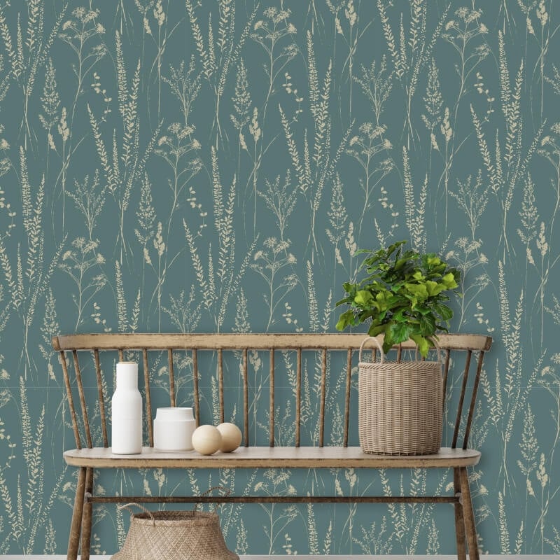 Attitude Halm Grass Floral Wallpaper - Cream/Teal - Grandeco - A64202Wallpaper199
