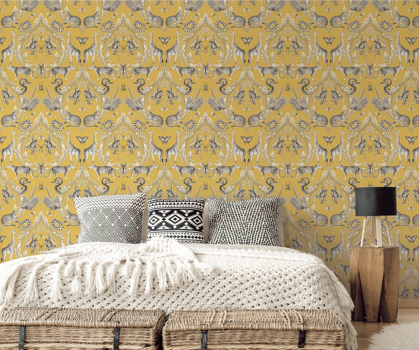 Bazaar Animal Damask Wallpaper - Mustard - Galerie - G78315Wallpaper199