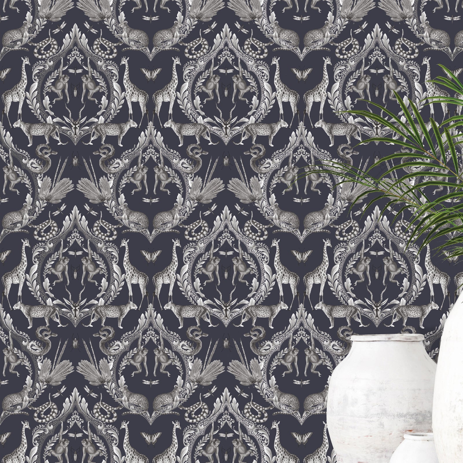 Bazaar Animal Damask Wallpaper - Navy Blue - Galerie - G78311Wallpaper199