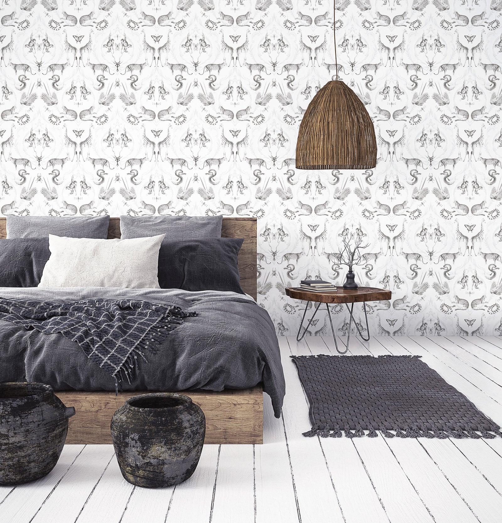 Bazaar Animal Damask Wallpaper - Pearl / Black - Galerie - G78314Wallpaper199