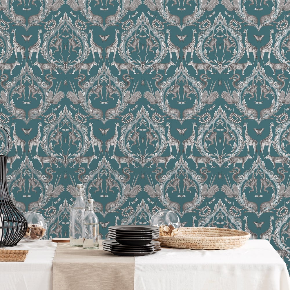 Bazaar Animal Damask Wallpaper - Teal - Galerie - G78313Wallpaper199