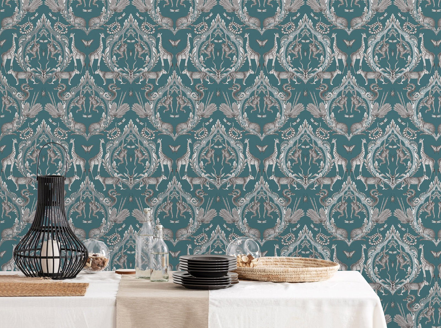 Bazaar Animal Damask Wallpaper - Teal - Galerie - G78313Wallpaper199