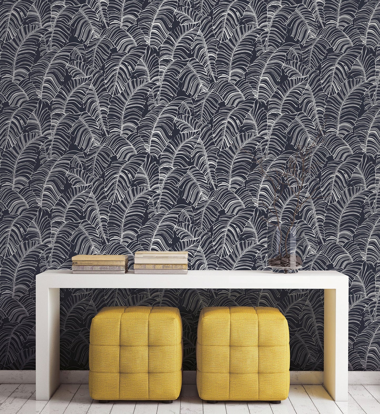 Bazaar Palm Leaves Wallpaper - Navy / Silver - Galerie - G78299Wallpaper199