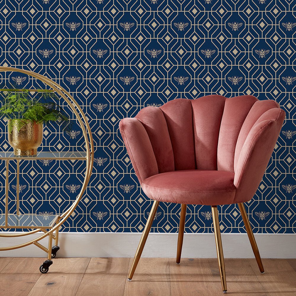 Bee Deco Gold Foil Wallpaper - Navy - Furn - BEEDECO/WP1/DBLWallpaper199