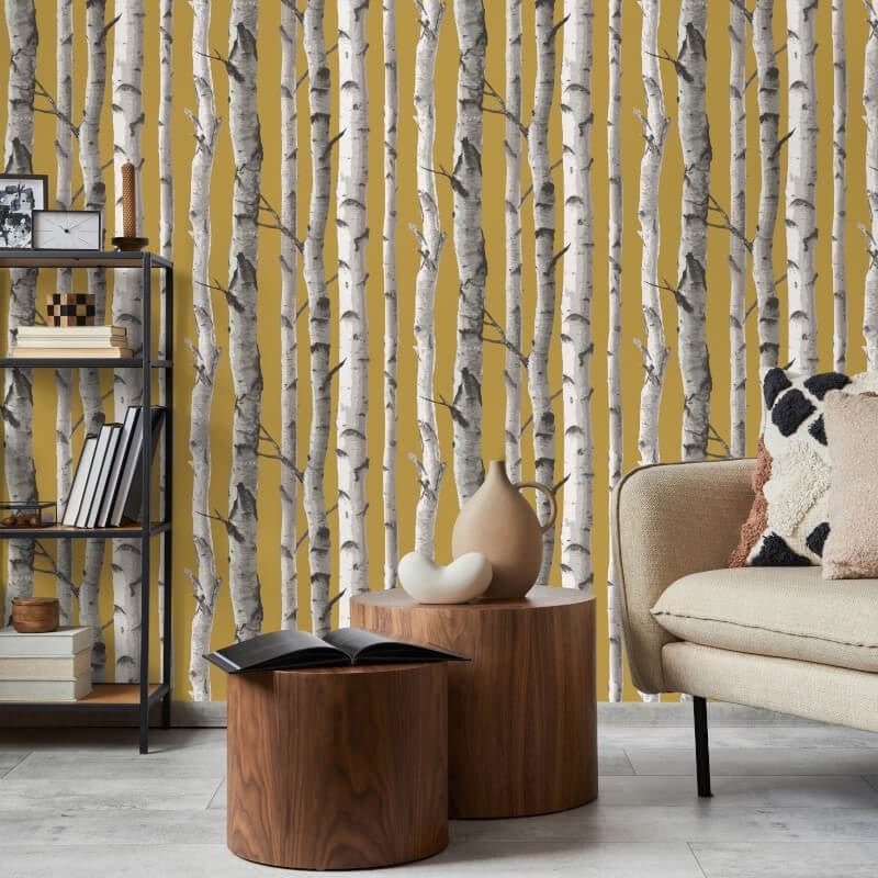 Birch Trees Wallpaper - Mustard - Fine Décor - FD43290Wallpaper199