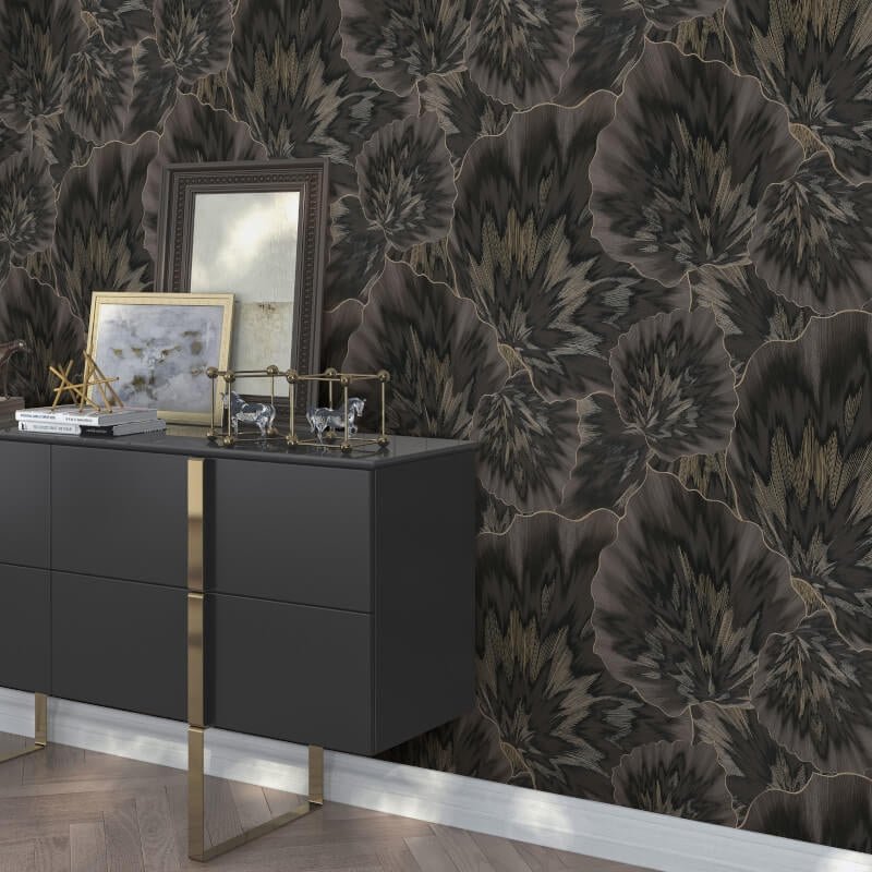 Bliss Abstract Leaf Metallic Wallpaper - Black - Erismann - 10402 - 15Wallpaper199