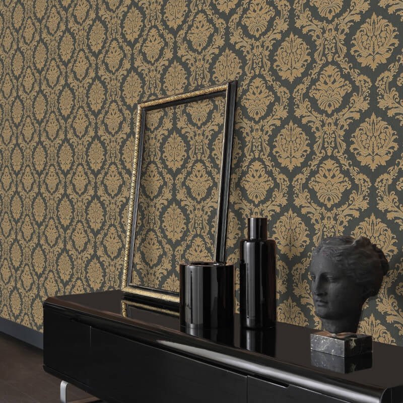 Carre Damask Metallic Wallpaper - Black/Gold - Erismann - 10288 - 15Wallpaper199