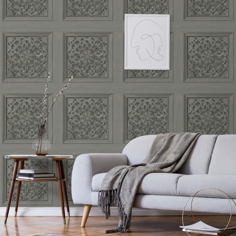 Carved Panel Wallpaper - Gunmetal - Fine Décor - FD43274Wallpaper199