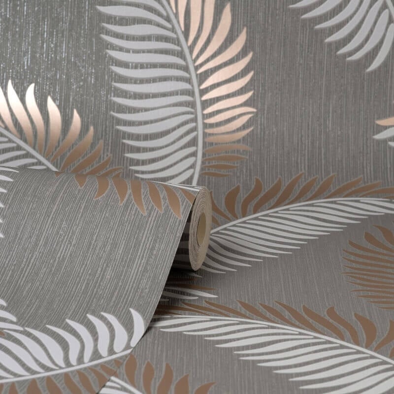 Cascade Leaf Metallic Wallpaper - Grey/Rose Gold - Fine Décor - FD42839Wallpaper199