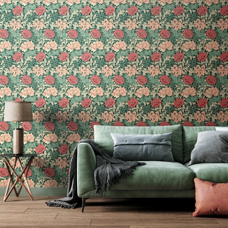 Chrysanthemum Wallpaper - Green/Pink - Hoopla Walls - HWA1123WWallpaper199