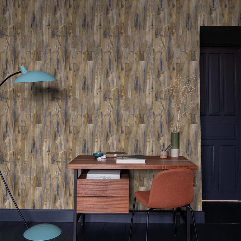 Ciara Wooden Wall Wallpaper - Natural/Blue - Grandeco - A62802Wallpaper199
