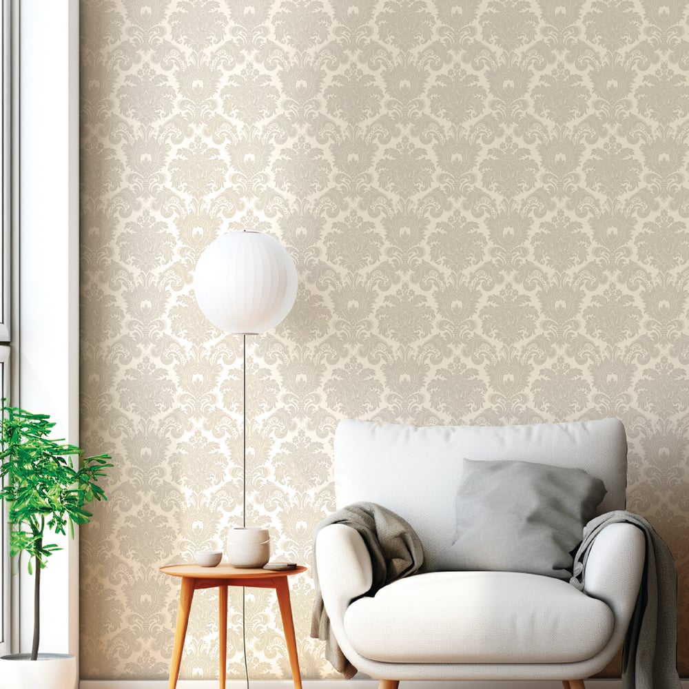 Classic Italian Scrolling Damask Wallpaper - Beige/Cream - Galerie - 23613Wallpaper199
