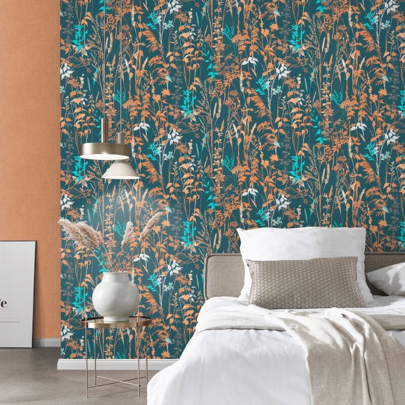 Cottage Leaf Meadow Wallpaper - Blue/Orange - Erismann - 10258 - 08Wallpaper199