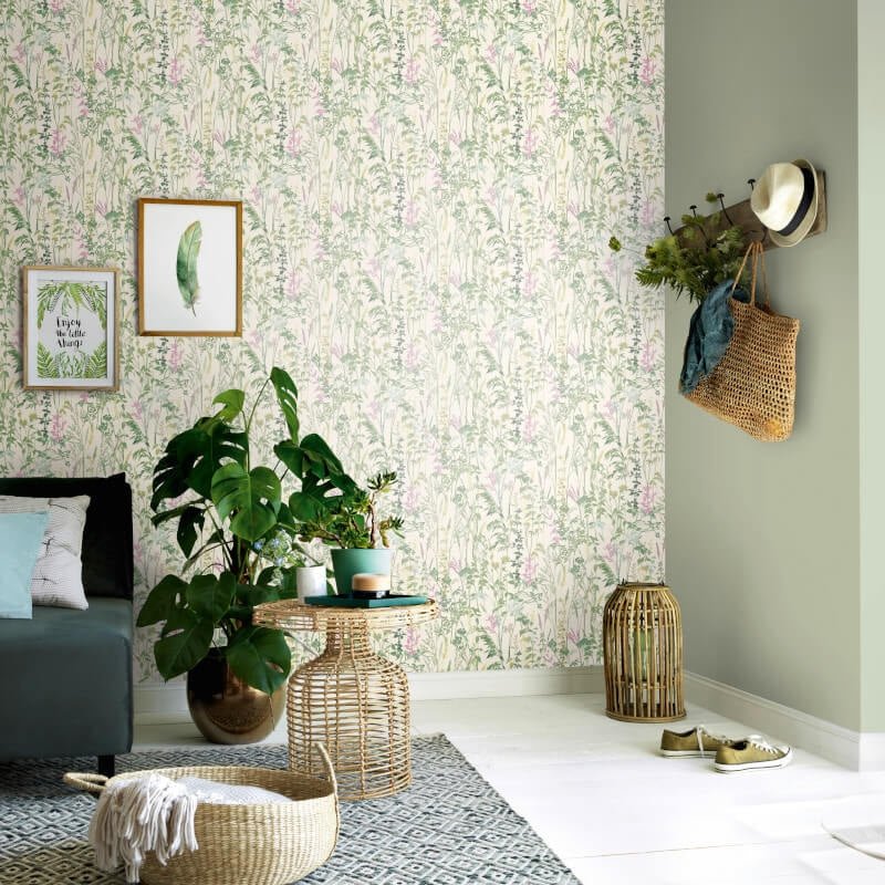 Cottage Leaf Meadow Wallpaper - Green/Pink - Erismann - 10258 - 05Wallpaper199