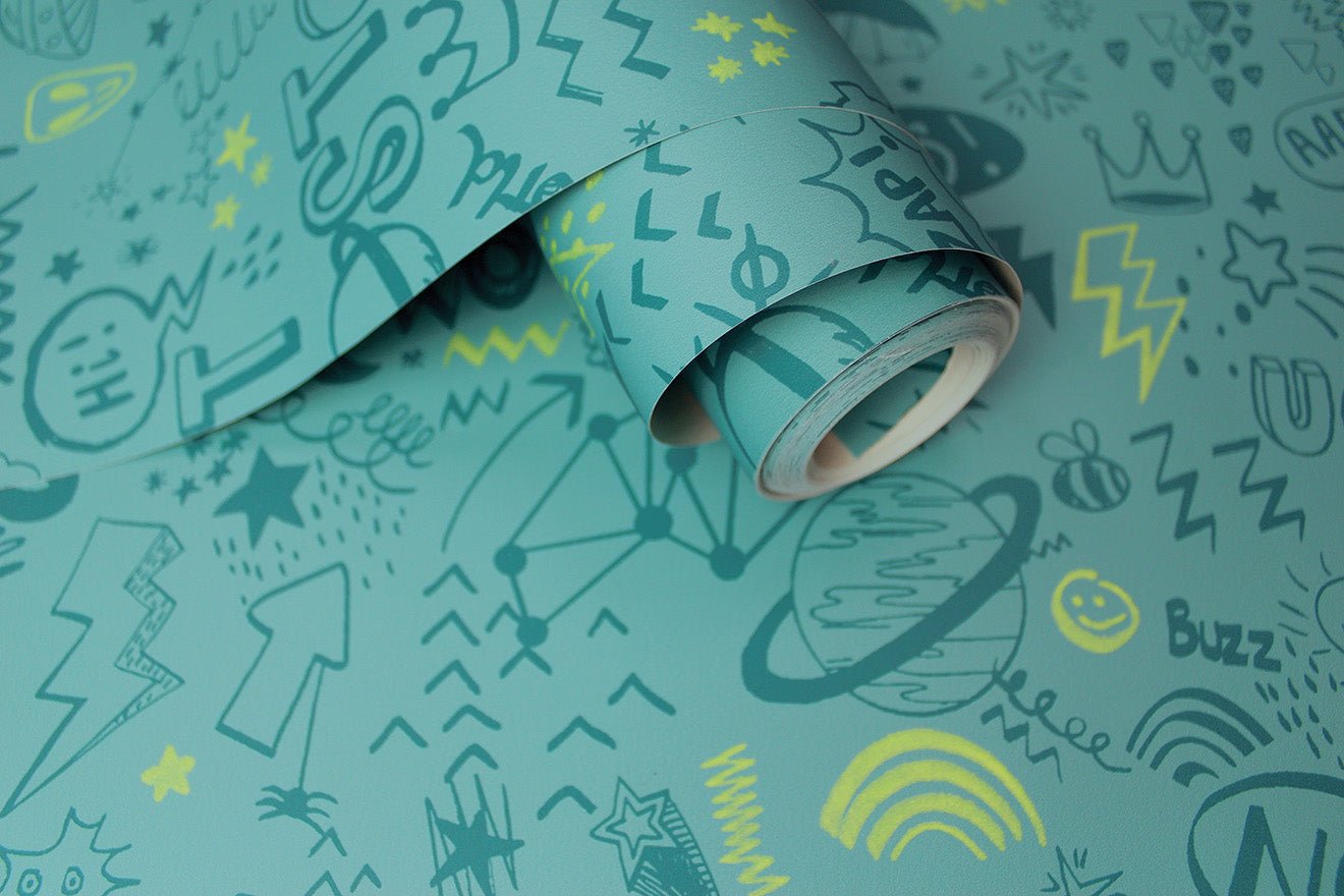 Doodle Wallpaper - Teal/Neon Yellow - Holden Décor - 13341Wallpaper199