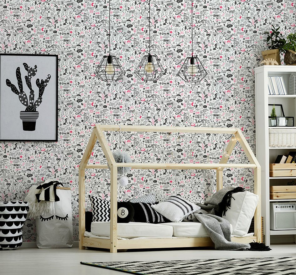 Doodle Wallpaper - White/Neon Pink - Holden Décor - 13340Wallpaper199