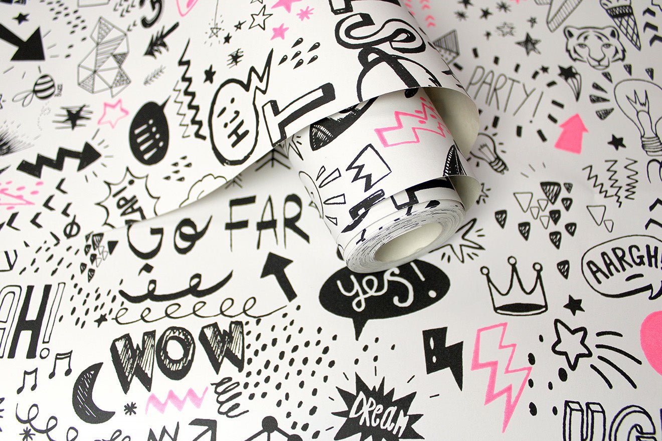 Doodle Wallpaper - White/Neon Pink - Holden Décor - 13340Wallpaper199