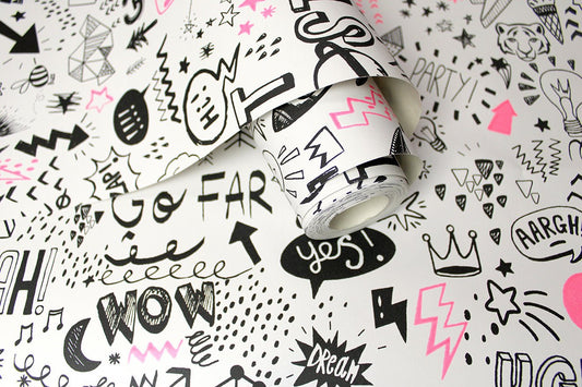 Doodle Wallpaper - White/Neon Pink - Holden Décor - 13340Wallpaper199
