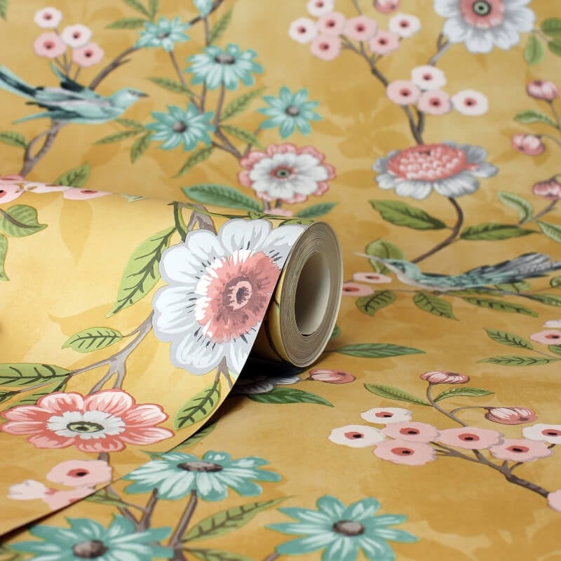 Eleanor Floral Birds Wallpaper - Ochre - Fine Décor - FD43446Wallpaper199