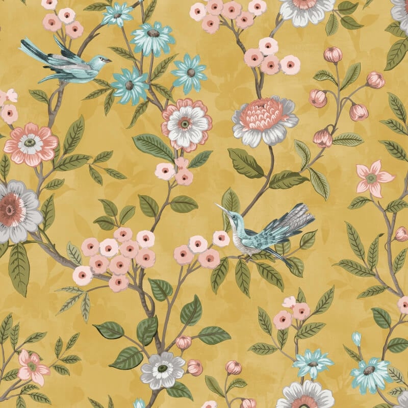 Eleanor Floral Birds Wallpaper - Ochre - Fine Décor - FD43446Wallpaper199