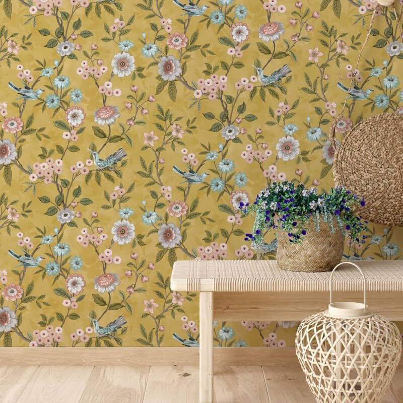 Eleanor Floral Birds Wallpaper - Ochre - Fine Décor - FD43446Wallpaper199