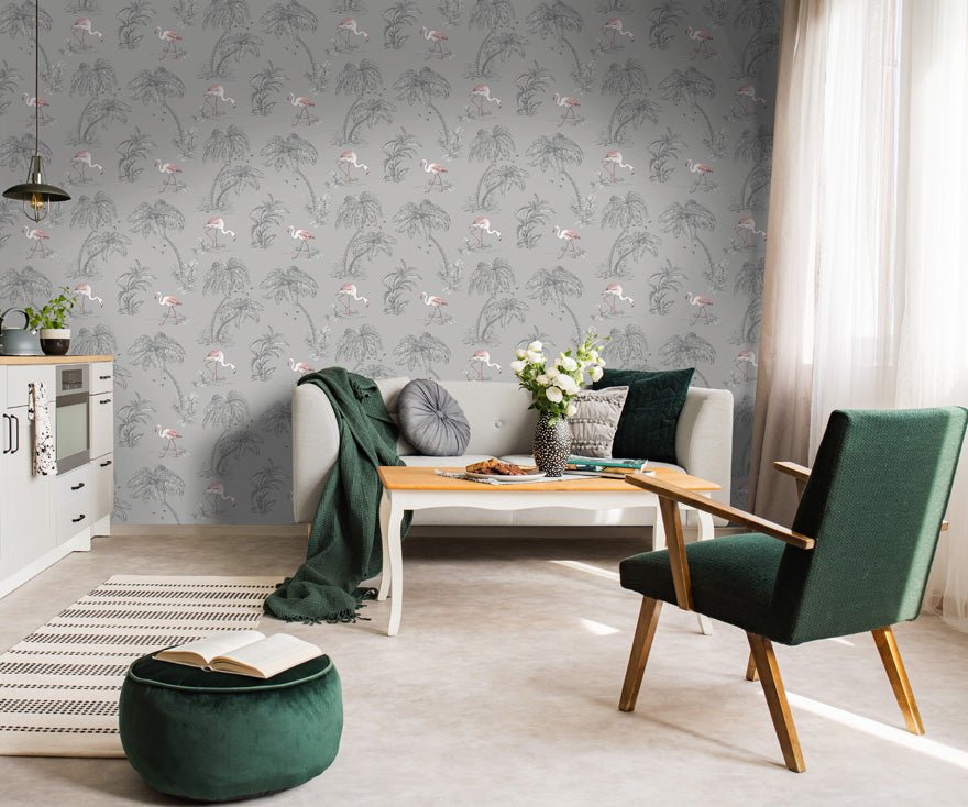 Flamingo Lake Wallpaper - Grey/Coral - Holden Décor - 12381Wallpaper199