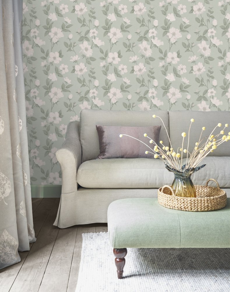 Fleurir Wallpaper - Smoke Green - Laura Ashley - 114917Wallpaper199