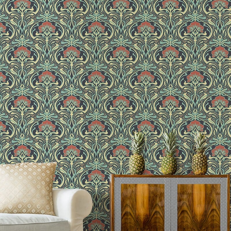 Flora Nouveau Floral Wallpaper - Peacock Green - Crown - M1196Wallpaper199