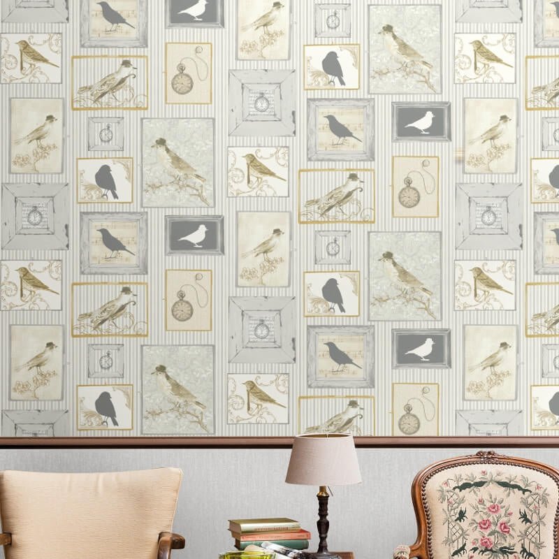 Framed Birds Wallpaper - Silver/Multi - SK Filson - FI2501Wallpaper199